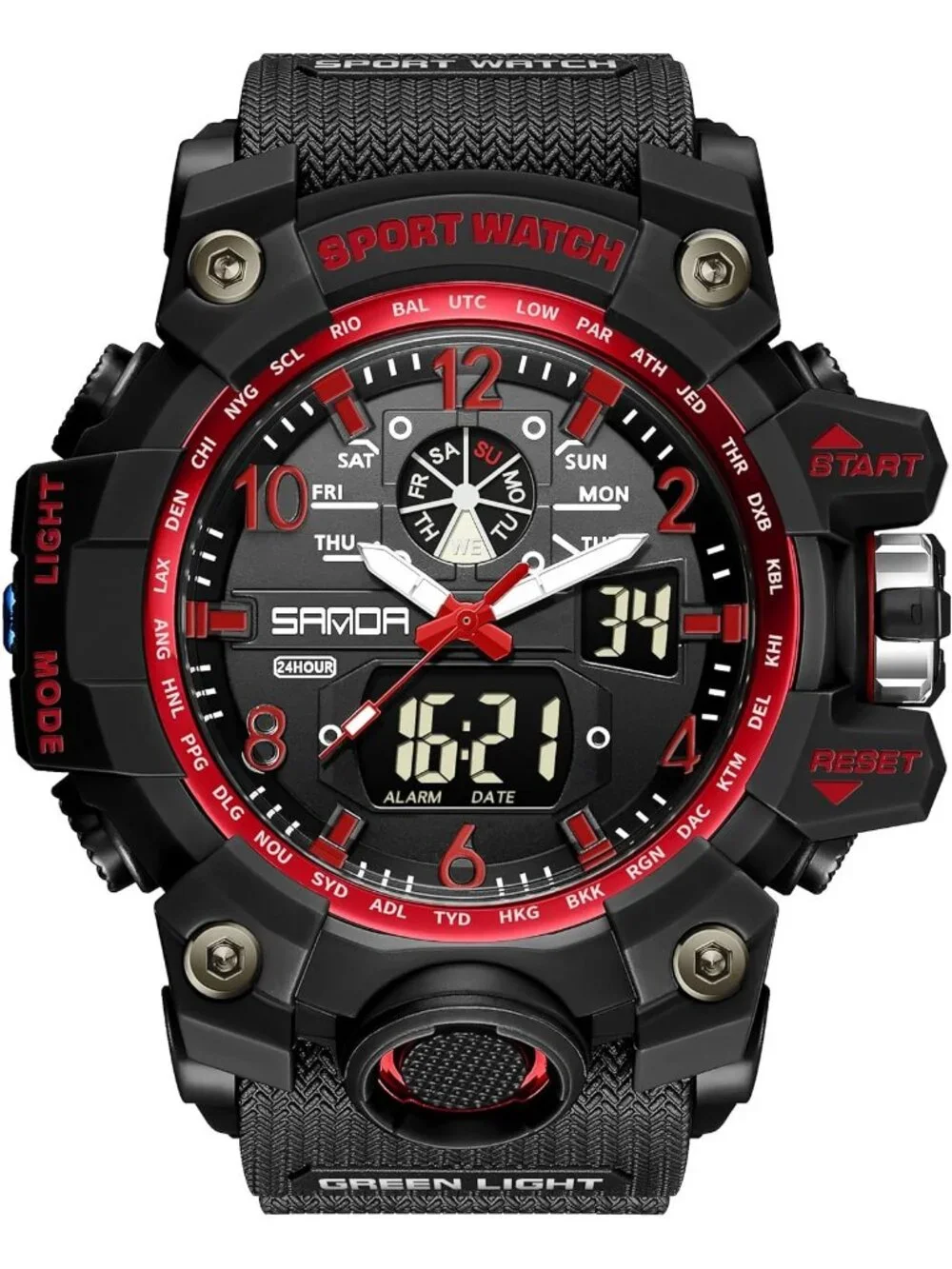 Mens Black Red Analog Quartz Waterproof Multi Function Tactics LED Digital Watch